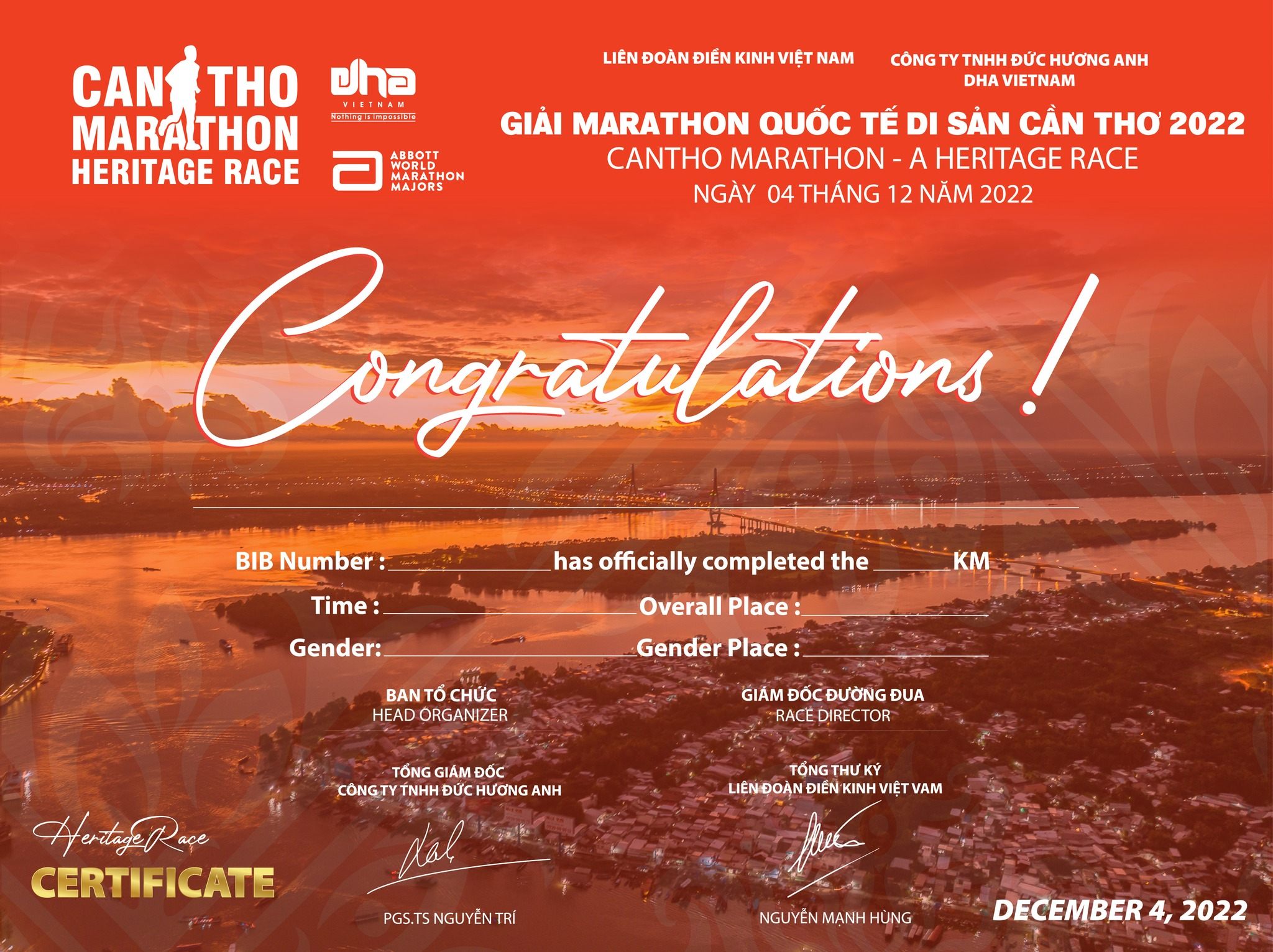 Certificate Of Can Tho Marathon – A Heritage Race 2022 Results